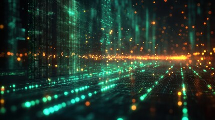 Digital city glowing, data streams, futuristic road, tech background, website banner