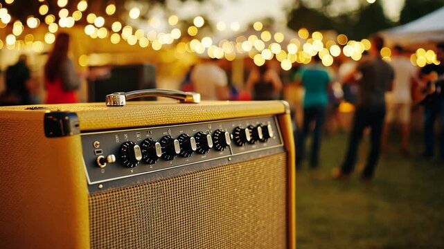 Retro guitar amp with warm tones and a blurred background of an outdoor music festival, with string lights in the background.