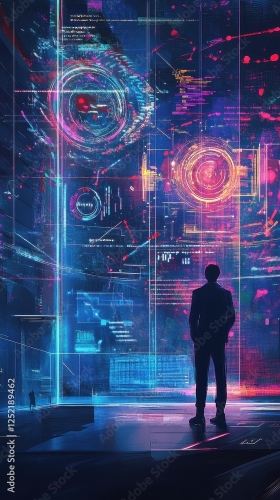 Poster man looks at complex holographic interfaces displaying digital information