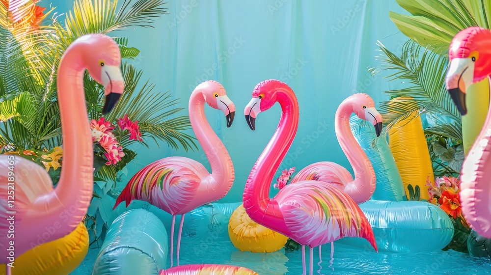 Poster A group of inflatable flamingos in a tropical pool party setting, surrounded by colorful decor. 