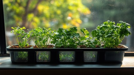 Cilantro seedlings grow in windowsill planter, garden view