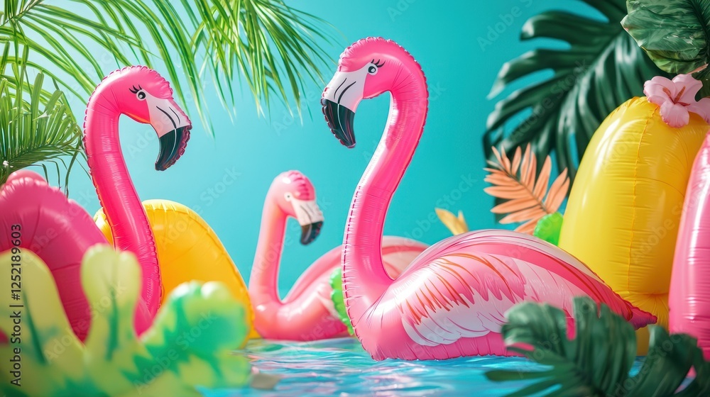 Poster A group of inflatable flamingos in a tropical pool party setting, surrounded by colorful decor. 