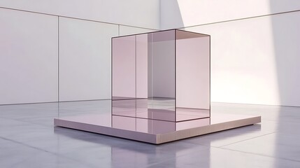Rose tinted glass cube on polished platform