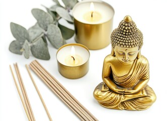 Golden Buddha statue, candles, incense, eucalyptus; peaceful meditation scene