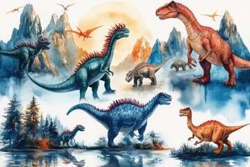 Vibrant Watercolor Dinosaurs Illustration Realistic Dinosaurs Clipart
