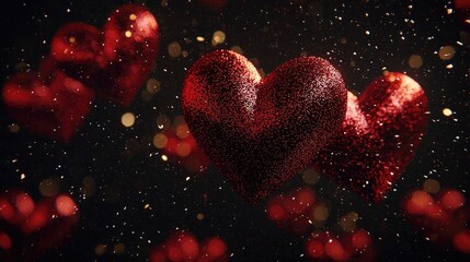 Shimmering Red Hearts with Glitter and Bokeh Background for Love