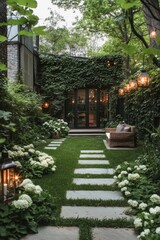 Obraz premium A serene garden pathway, softly illuminated by glowing lanterns, weaves through a vibrant urban retreat as twilight envelops the scene