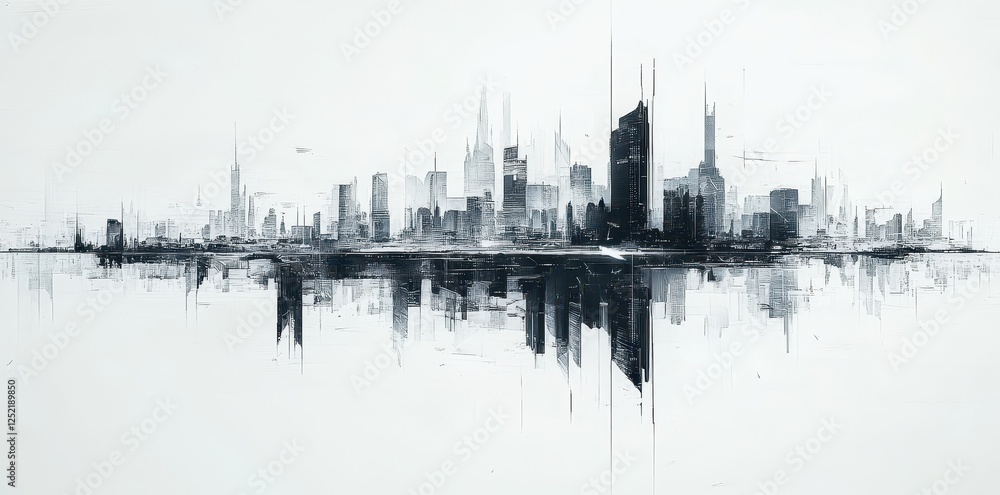 Poster abstract monochrome skyline with reflection forming an inverted mirrored image
