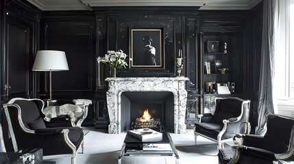 Fototapeta premium Elegant Black and White Parisian Living Room with Marble Fireplace