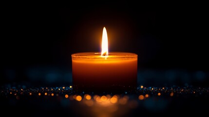 Candle with a warm flame surrounded by bokeh lights, peaceful atmosphere. Meditation and relaxation concept