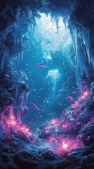 Enchanted underwater cave with glowing coral and swimming fish