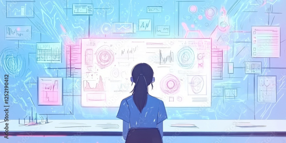Poster woman views data visualizations and charts on a digital interface