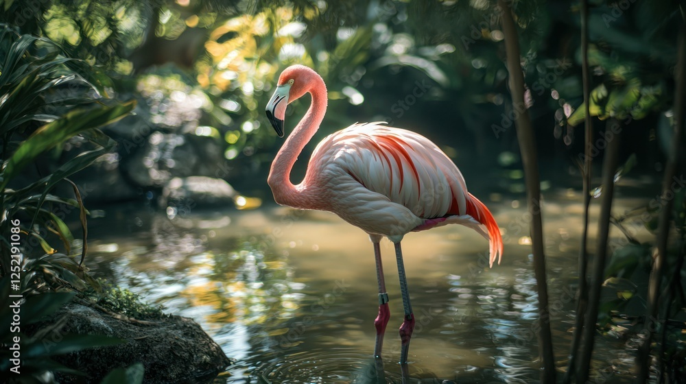Poster A lesser flamingo standing gracefully in a wetland area with a pink hue on its feathers. 