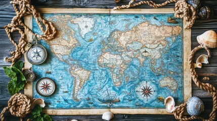 A detailed nautical map spread out on a wooden table, surrounded by a compass, rope, and seashells, creating a maritime exploration theme.