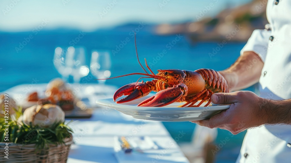Poster a lobster being served on a platter in an outdoor dining setup with the sea in the background.