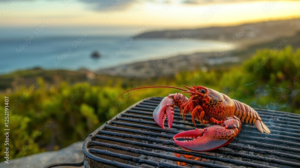 Poster a lobster grilling on an open barbecue with scenic coastal views in the background.