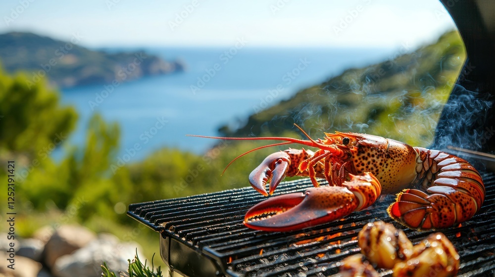 Poster a lobster grilling on an open barbecue with scenic coastal views in the background.