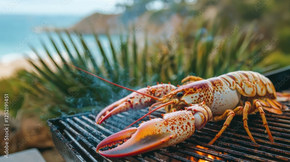 Poster a lobster grilling on an open barbecue with scenic coastal views in the background.