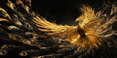 Golden phoenix rising majestically against a dark abstract background