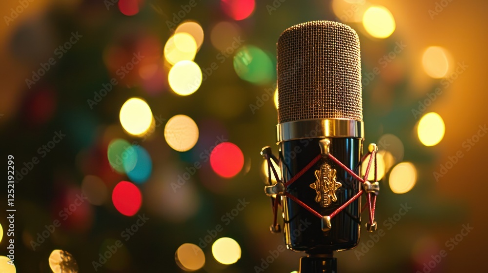 Poster a microphone against a blurred background with colorful bokeh lights. 