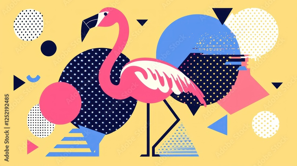 Poster a minimalist illustration of a flamingo using geometric shapes and bold colors