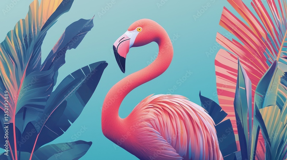 Poster A minimalist illustration of a flamingo using geometric shapes and bold colors 
