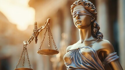 Bronze Lady Justice Statue Holding Scales of Justice Against Blurred Classical Architecture Background