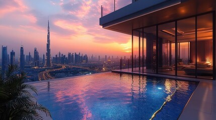 Obraz premium Luxury Rooftop Infinity Pool Overlooking Dubai Skyline at Sunset with Modern Architecture