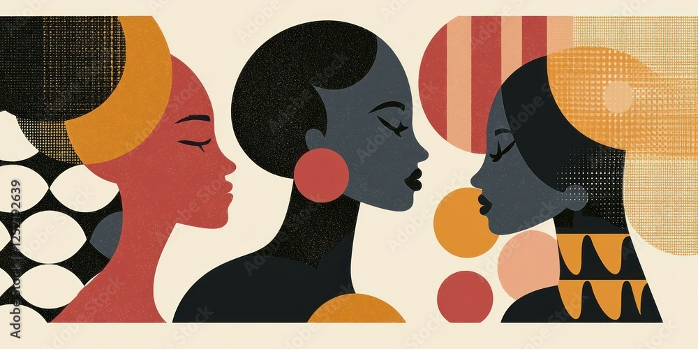 Poster a minimalist international women's day graphic with geometric patterns and abstract figures.