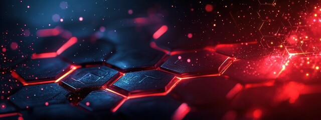 Futuristic Abstract Dark Background with Red Glowing Hexagons and Soft Bokeh Lights