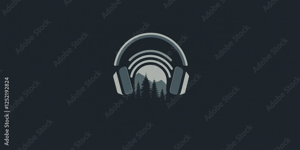 Poster A minimalistic podcast icon featuring a headphone and a circular waveform design.