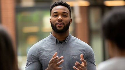 Young man delivering engaging presentation to audience in urban setting