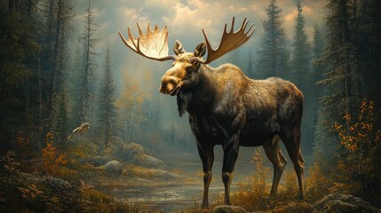 Moose in a birdera??s jacket, strolling through a forest clearing, large, observant, majestic