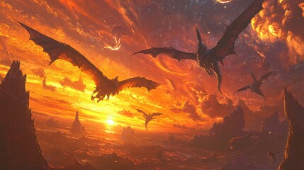 Dragons soar through a fiery sky over a jagged landscape