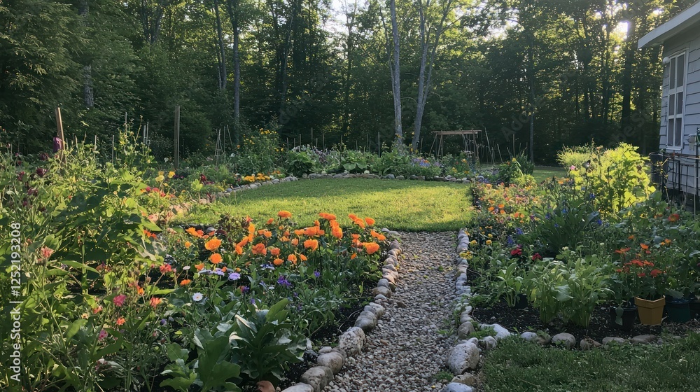 Poster a mixed garden featuring rows of vegetables bordered by blooming flowers in a backyard setting.