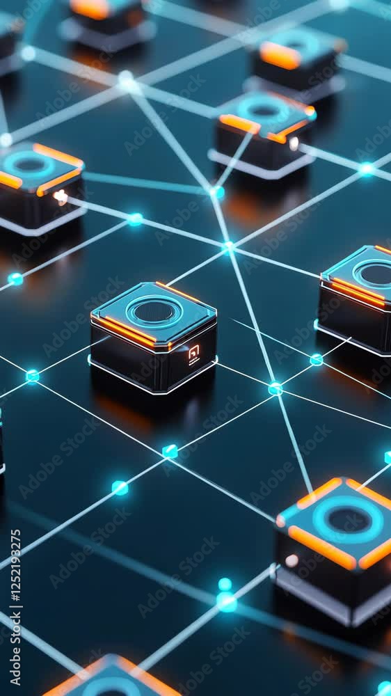 Poster digital network of interconnected cubes with glowing lines illustrating futuristic technology