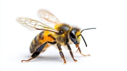 Honeybee close-up, isolated on white, pollinating