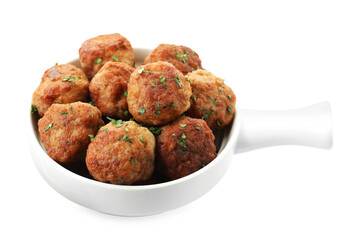 Tasty cooked meatballs with green onion in baking dish isolated on white