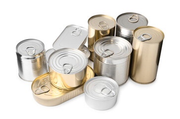 Many closed tin cans isolated on white