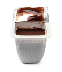 Delicious chocolate yogurt in plastic cup isolated on white