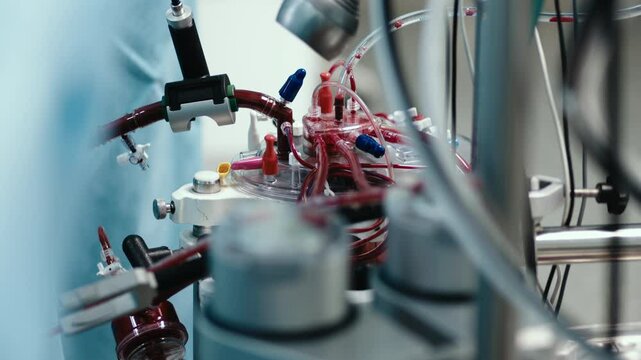 An overhead view of a working circulatory machine in the operating room during heart surgery. Concept: advanced medical technology and successful outcome of complex surgeries.