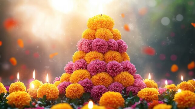 Celebration of Bathukamma Festival with Floral Arrangement of Marigolds and Chrysanthemums