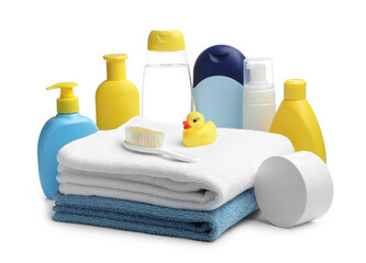 Baby cosmetic products and bath accessories isolated on white