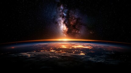 Fototapeta premium Earth sunrise, Milky Way galaxy, night city lights, space view, travel poster