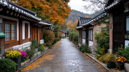 Naklejka premium beautiful hanok village in Seoul with traditional wooden houses and autumn foliage