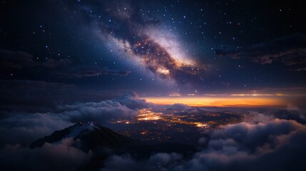 Naklejka premium Night city lights below Milky Way galaxy