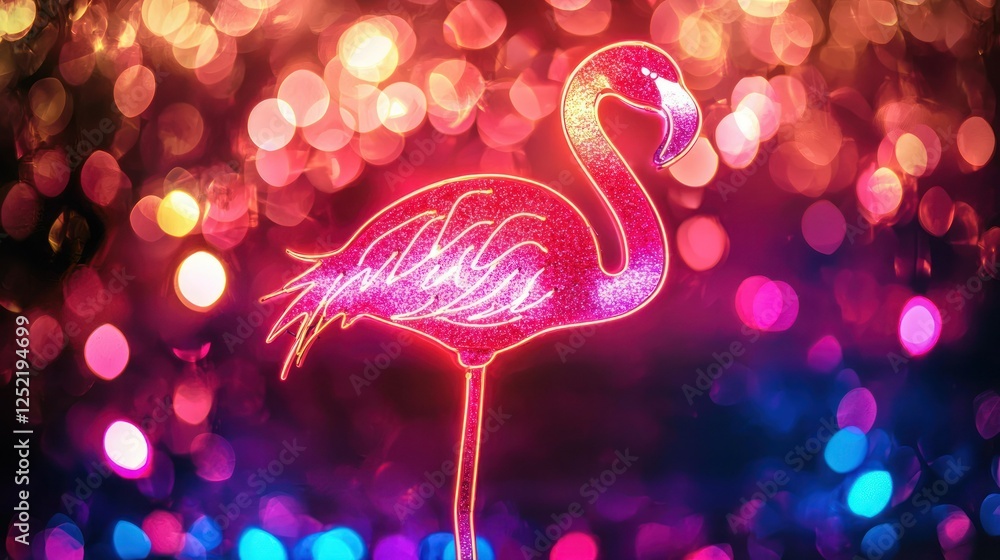 Poster A neon flamingo party sign featuring a colorful design with glitter and glowing effects 