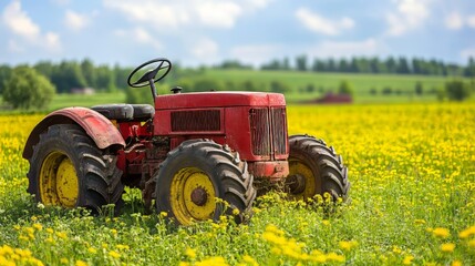Fototapeta premium Vintage red tractor in a field of vibrant yellow dandelions under a blue sky.