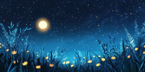 Luminous moon shines over a field of yellow flowers