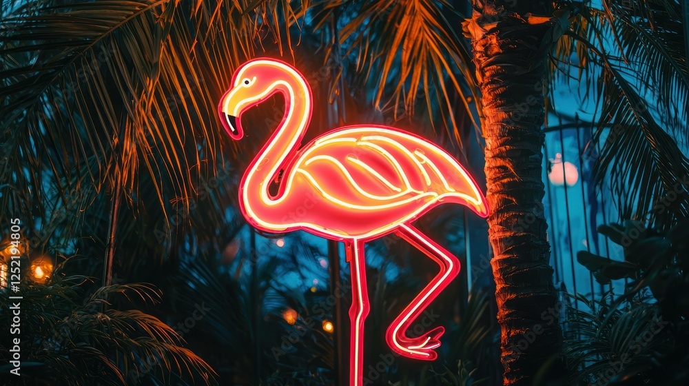 Poster A neon flamingo sign with a palm tree backdrop, creating a beachy, tropical vibe. 